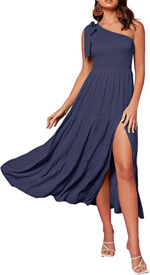 2025 New Summer Fashion Women's One-shoulder Pleated Layered Hem Split Dress (Copy)
