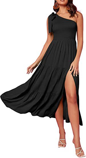 2025 New Summer Fashion Women's One-shoulder Pleated Layered Hem Split Dress (Copy)